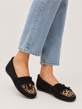 Anthropologie Minnetonka Black Moccasins with Leopard-Print Accent